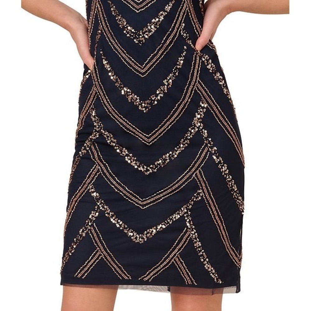 Adrianna Papell Navy Blue Sequin Beaded Art Deco Sheath Cocktail Dress NEW 10 - Picture 4 of 16